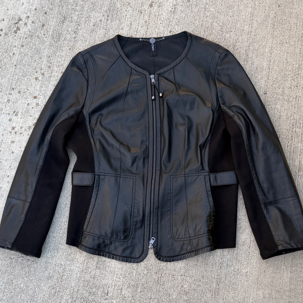 Marc Cain lamb nappa black Leather Jacket 2 way zipper luxury fitted womens 6